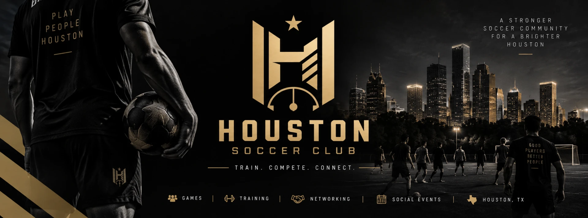 Houston Soccer Club players training under the Houston skyline